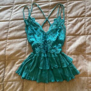 Cute summer bright halter babydoll lace tank top with cross strap back